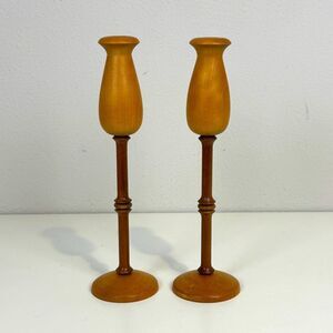 2 Artisan Wood Turned Candlestick Holders 12” Maple & Black Walnut, Signed